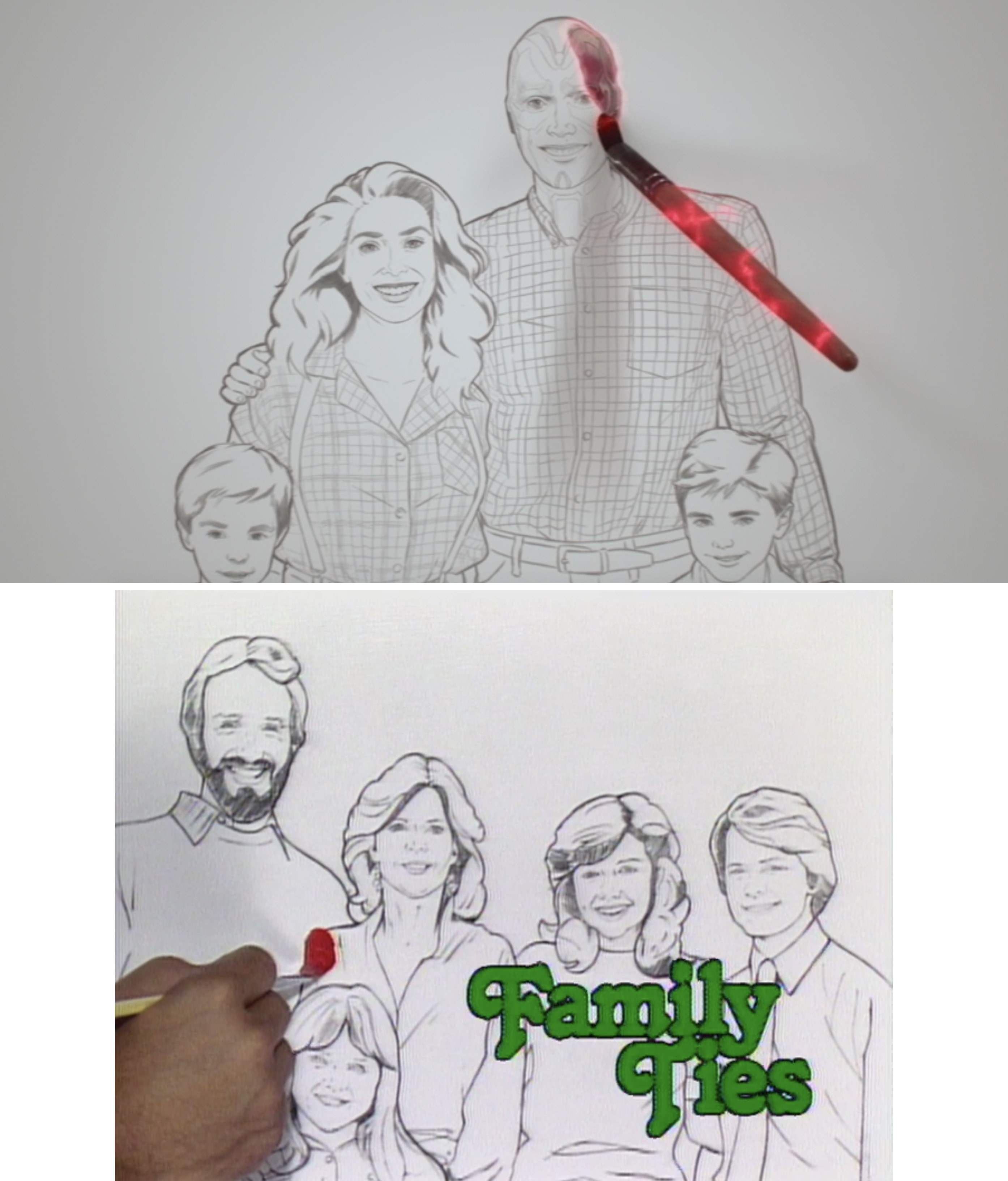 Wanda, Vision, Billy, and Tommy as a drawing vs. the drawing of the Keatons on &quot;Family Ties&quot;