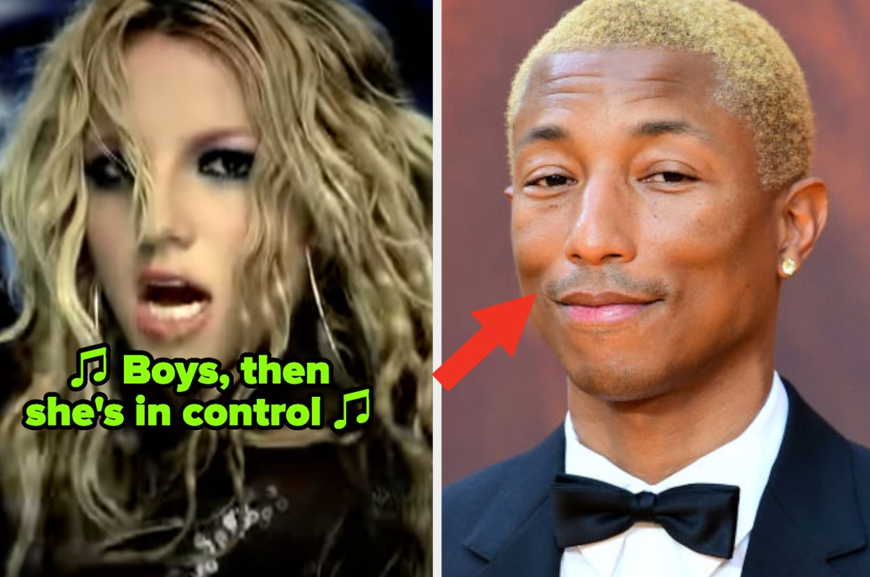 Britney Spears singing in the "Boys" music video; Pharrell smiling at a red carpet event