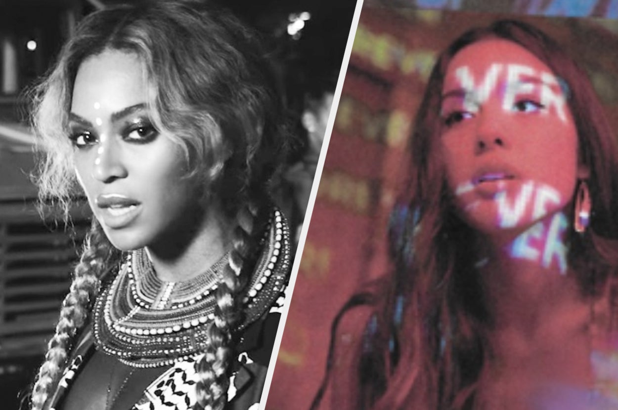 Beyoncé in the "Sorry" music video and Olivia Rodrigo in the "drivers license" music video