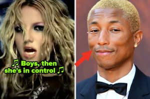 Britney Spears singing in the "Boys" music video; Pharrell smiling at a red carpet event