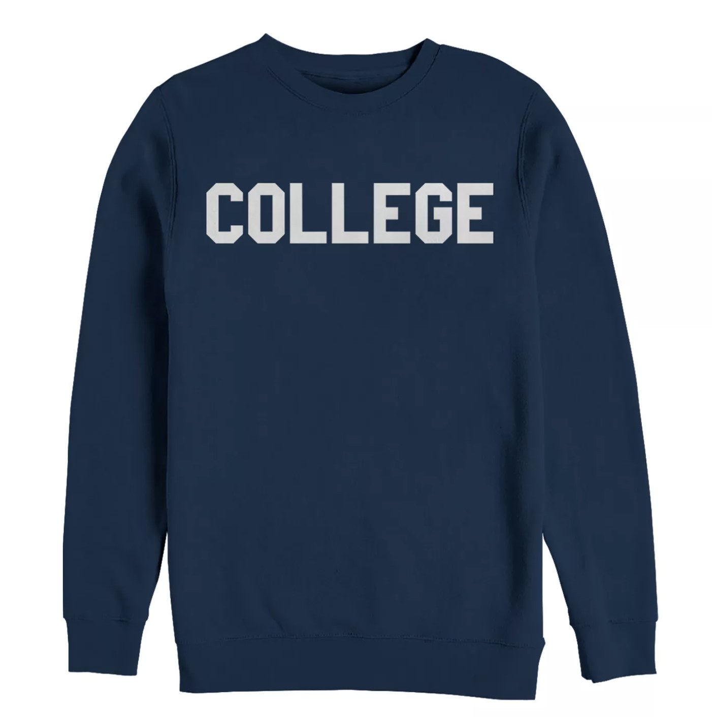 The navy blue sweatshirt with the college logo on it