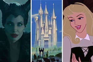 Maleficent on the left, cinderella's castle in the middle, and sleeping beauty on the right