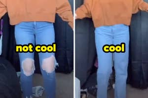 a pair of skinny jeans with the text "not cool" and a pair of baggy jeans with the text "cool"