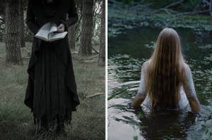 witch reading a book and a girl in a pond