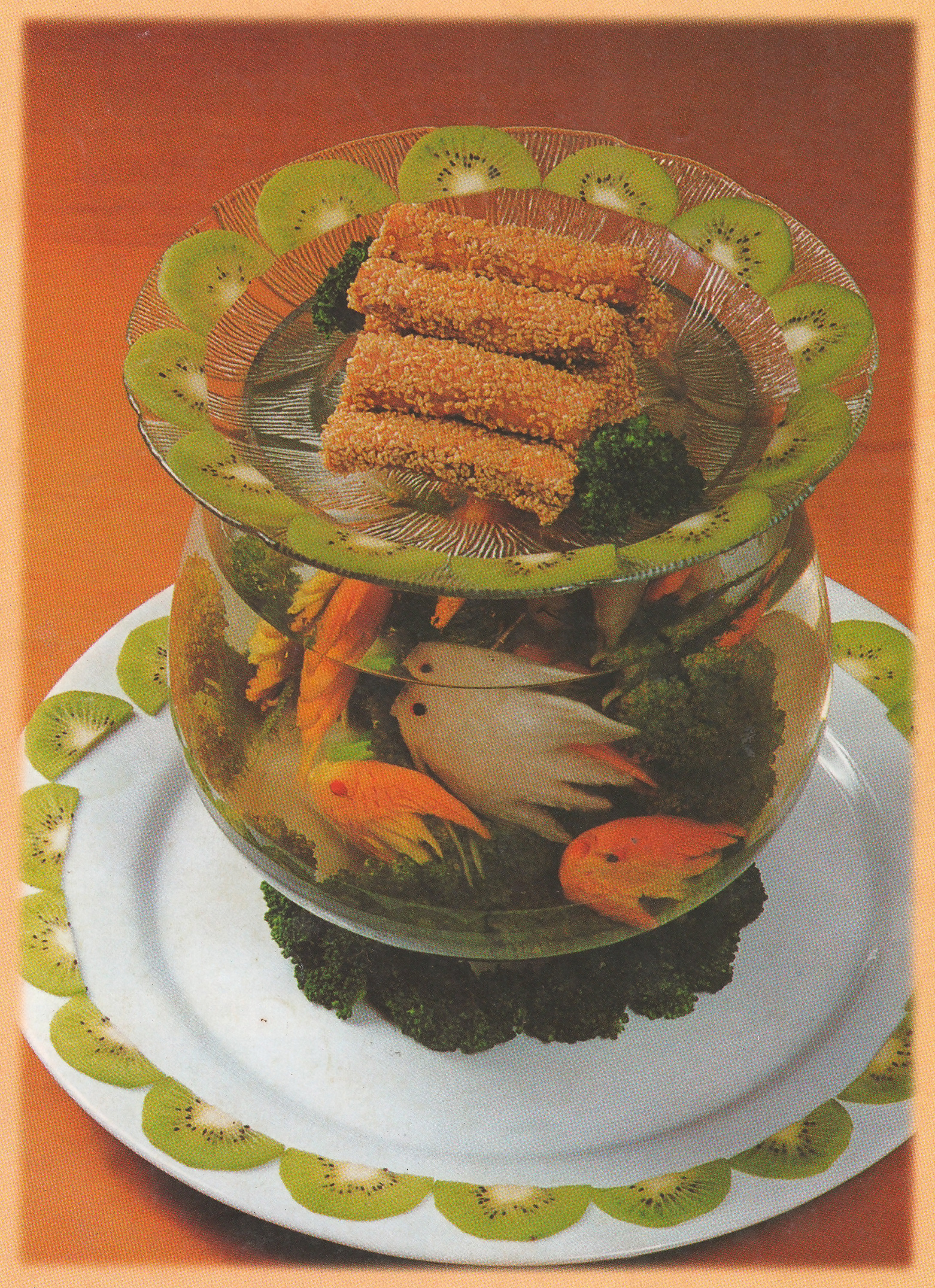 A fishbowl made of fruit and rolls