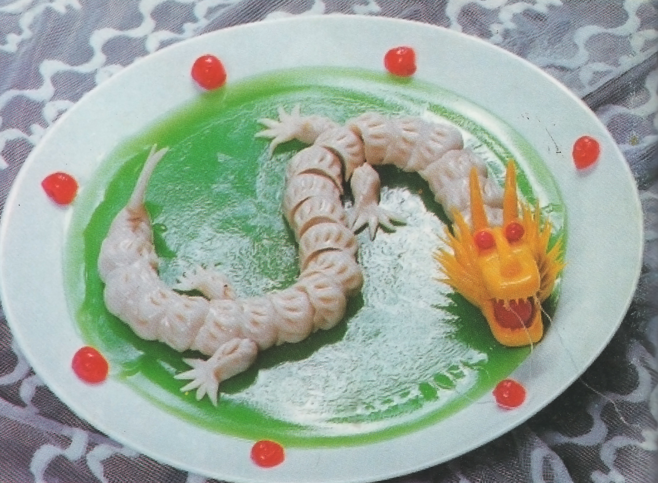 A dragon made of dumplings and fruit