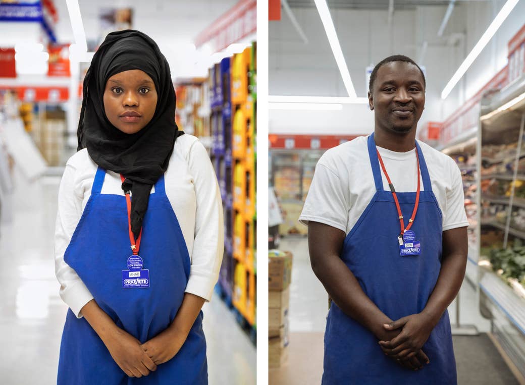 A split image of a woman in a hijab in a Price Rite apron, and a man on the right in a Price Rite apron