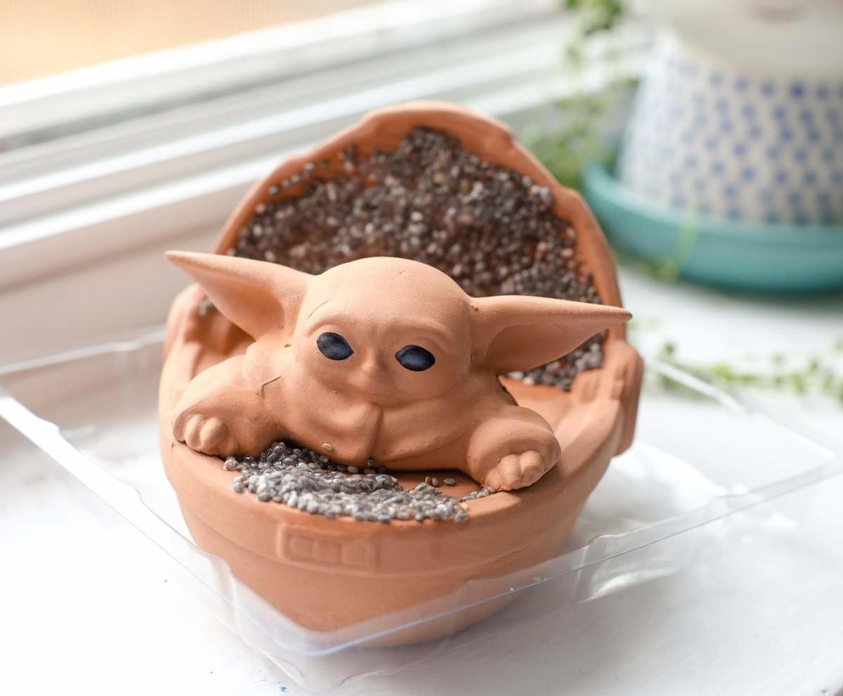 a chia pet in the shape of The Child in a pram