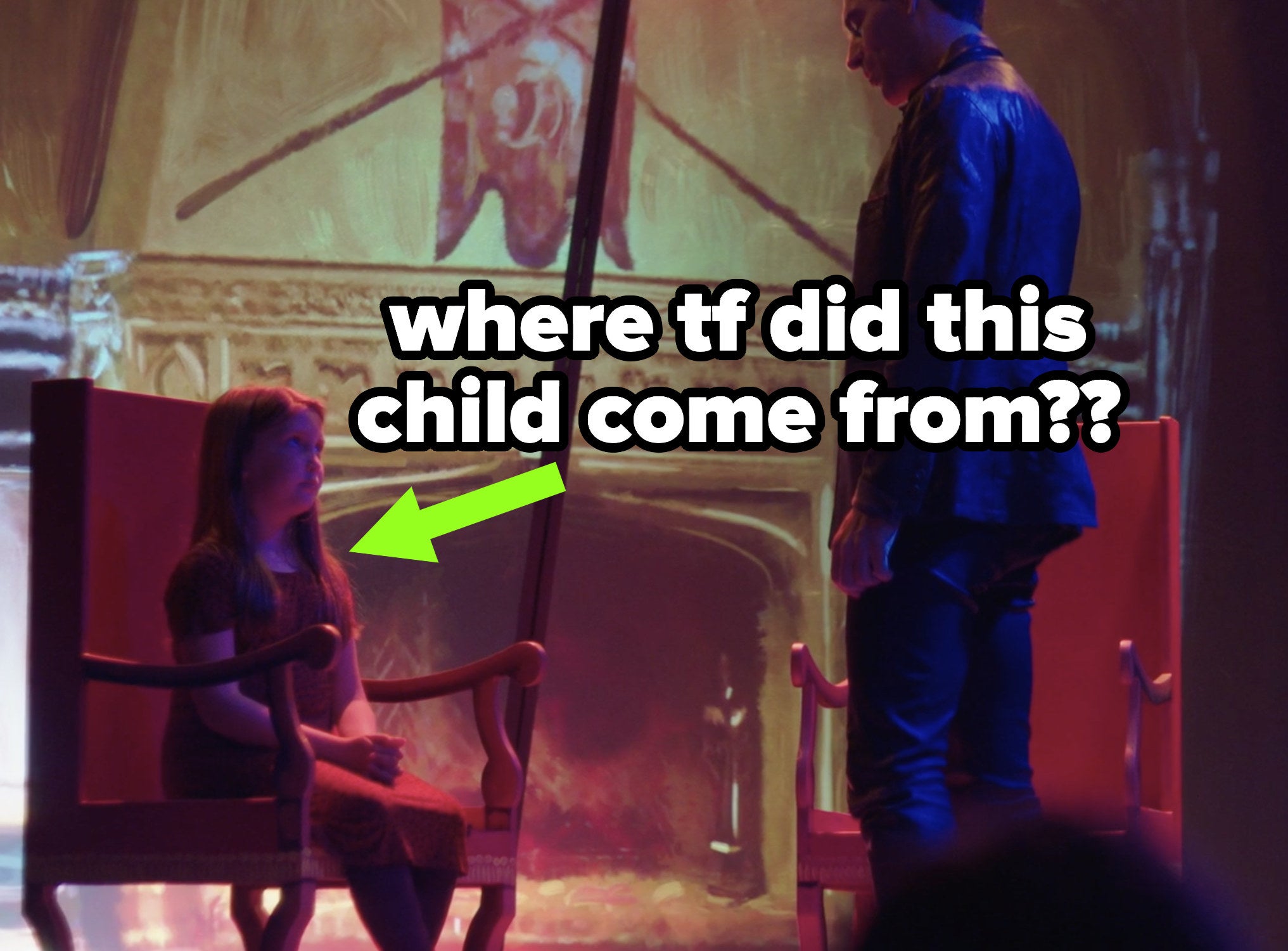 Klaus and young Hope in the musical, with the text &quot;where tf did this child come from?&quot;