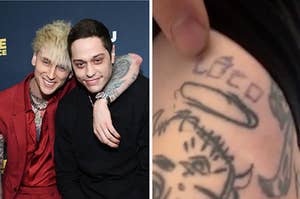 Machine Gun Kelly and Pete Davidson on a red carpet; a close up of MGK's LOCO tattoo