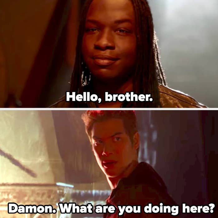 Kaleb as Damon says "Hello brother" and Jed as Stefan asks what he's doing there