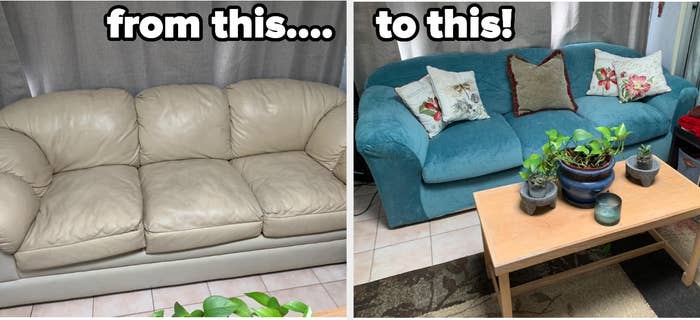 reviewer before and after images of a dingy beige leather couch that is then covered with a teal velvet slip cover