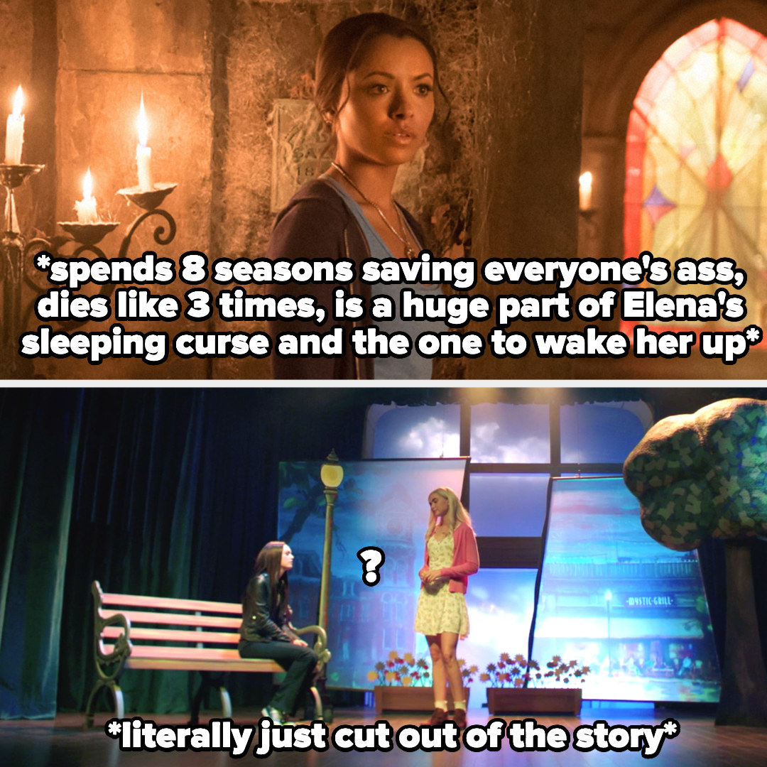 picture of Bonnie describing that she spent 8 season saving everyone and was a huge part of the sleeping curse, then a picture of Elena and Caroline in the musical with Bonnie cut out