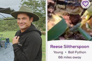 Zac Efron side by side with a snake called Reese Slitherspoon