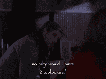Gif of Luke from Gilmore Girls saying &quot;No. Why would I have two toolboxes?&quot; 