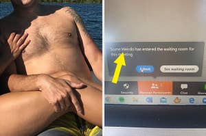 a guy holding his hand on someone's legs creating an optical illusion and a zoom meeting with "some weirdo" entering