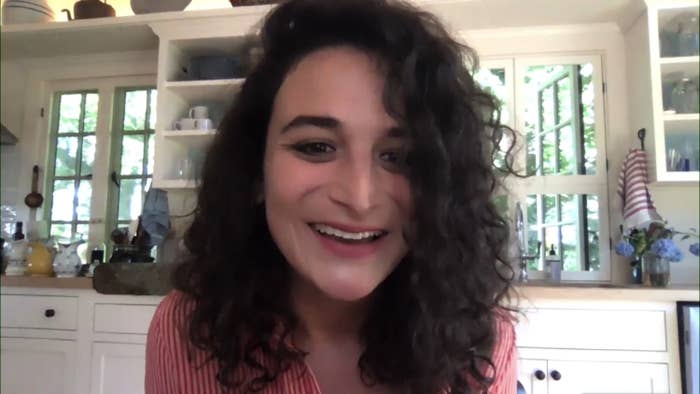 Jenny Slate on a video call during an interview with Jimmy Fallon in July of 2020