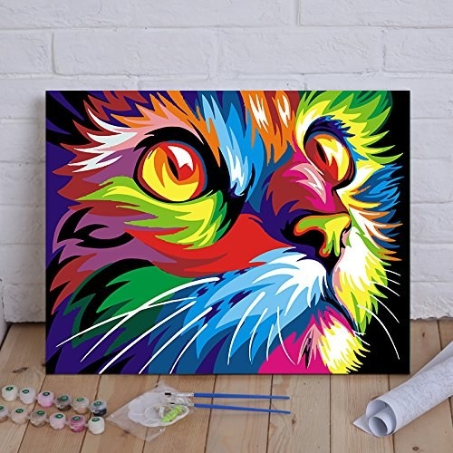 A painting of a cat with paints beside it 