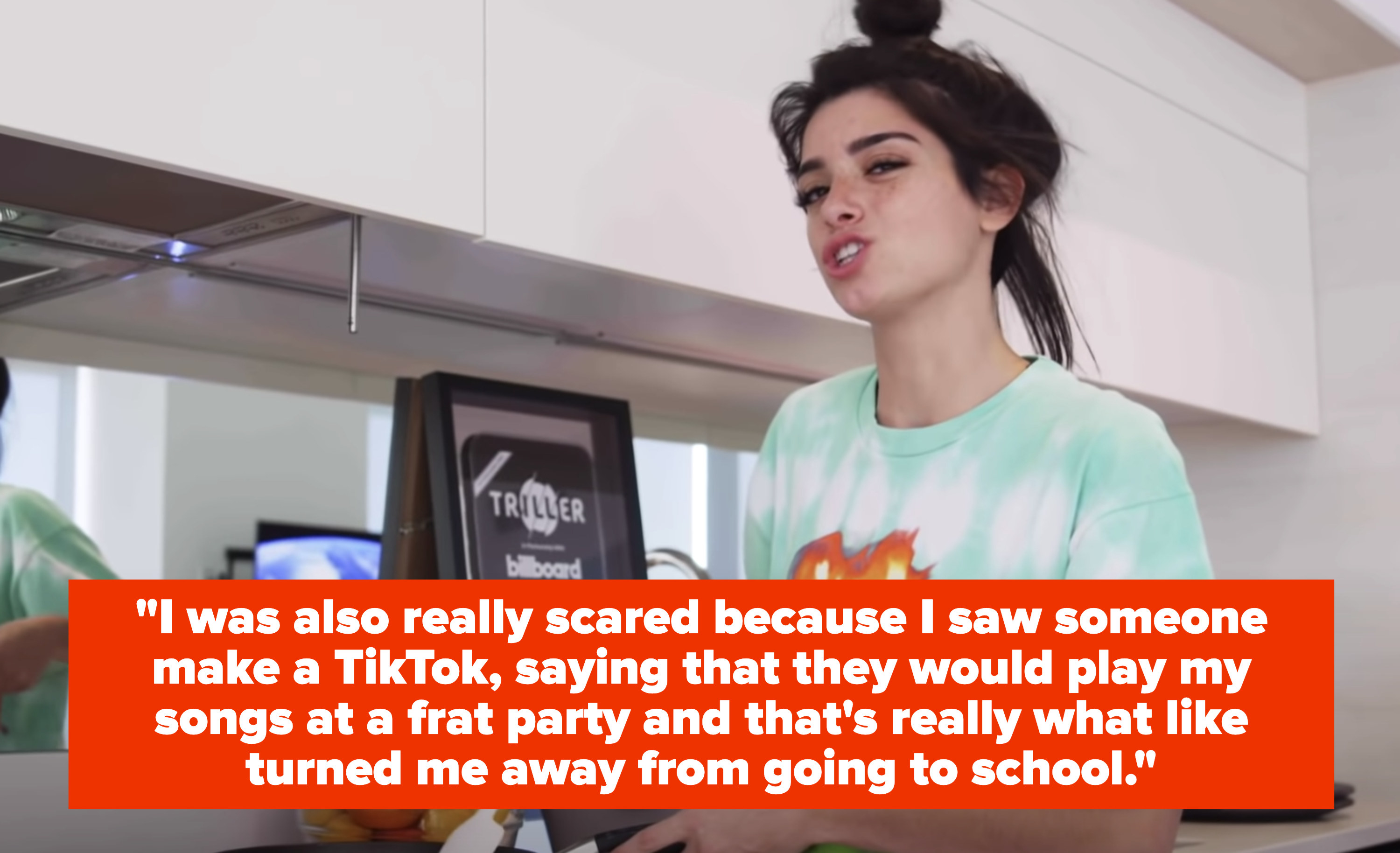 Dixie saying &quot;&quot;I was also really scared because I saw someone make a TikTok, saying that they would play my songs at a frat party. That&#x27;s really what like turned me away from going to school&quot;