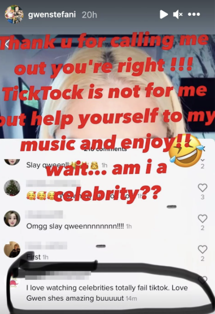 Gwen&#x27;s instagram story of the TikTok comments thanking them for calling her out and saying TikTok isn&#x27;t for her, but people should help themselves to her music and enjoy