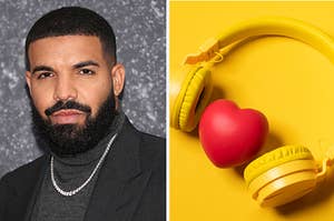 Drake is on the left posing in a portrait with a heart inside a pair of headphones on the right