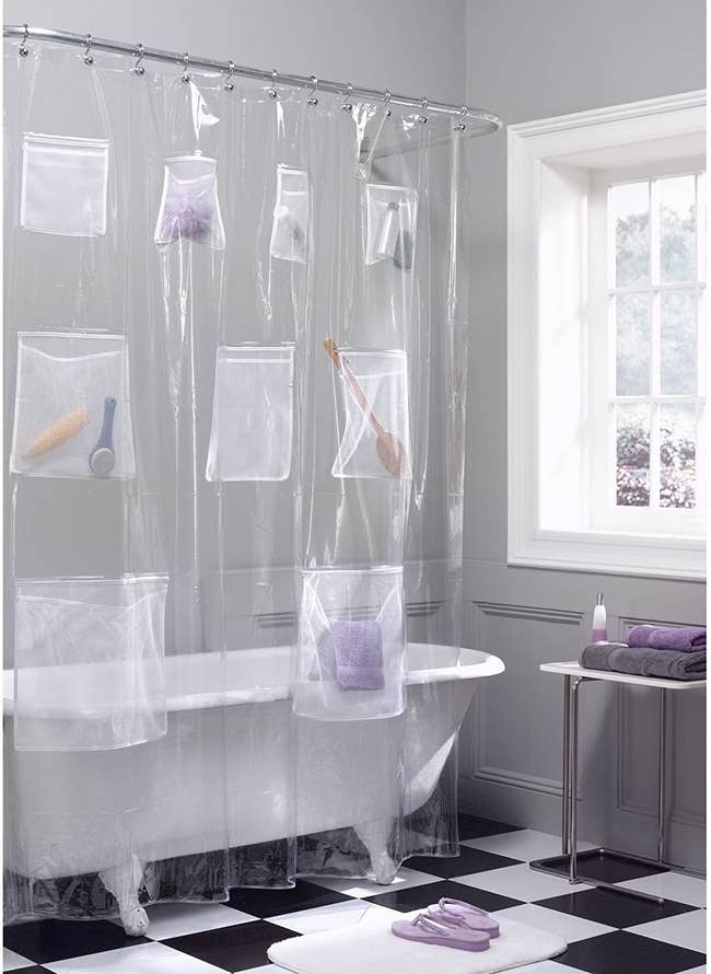The clear curtain with nine pockets in different sizes