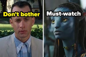 Tom Hanks is on the left labeled, "Don't bother" with Avatar on the right labeled, "Must-watch"