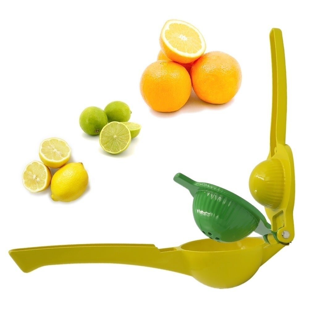 A yellow and green lemon and lime squeezer