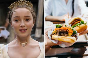 Daphne is on the left wearing a crown with two people holding a burger on the right