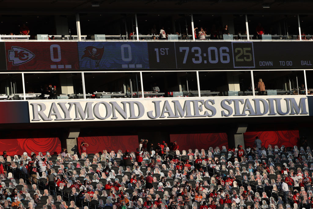 A closeup of the name Raymond James Stadium above a section of the arena filled with cutouts