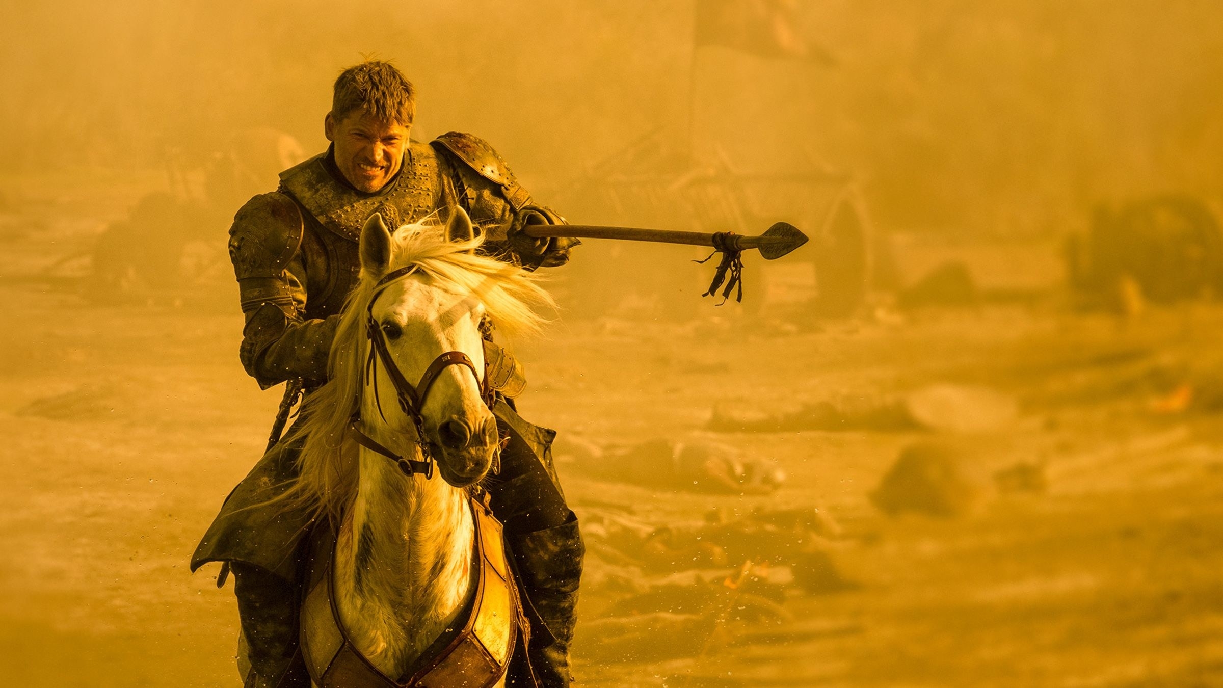 jaime lannister rides a horse in the desert