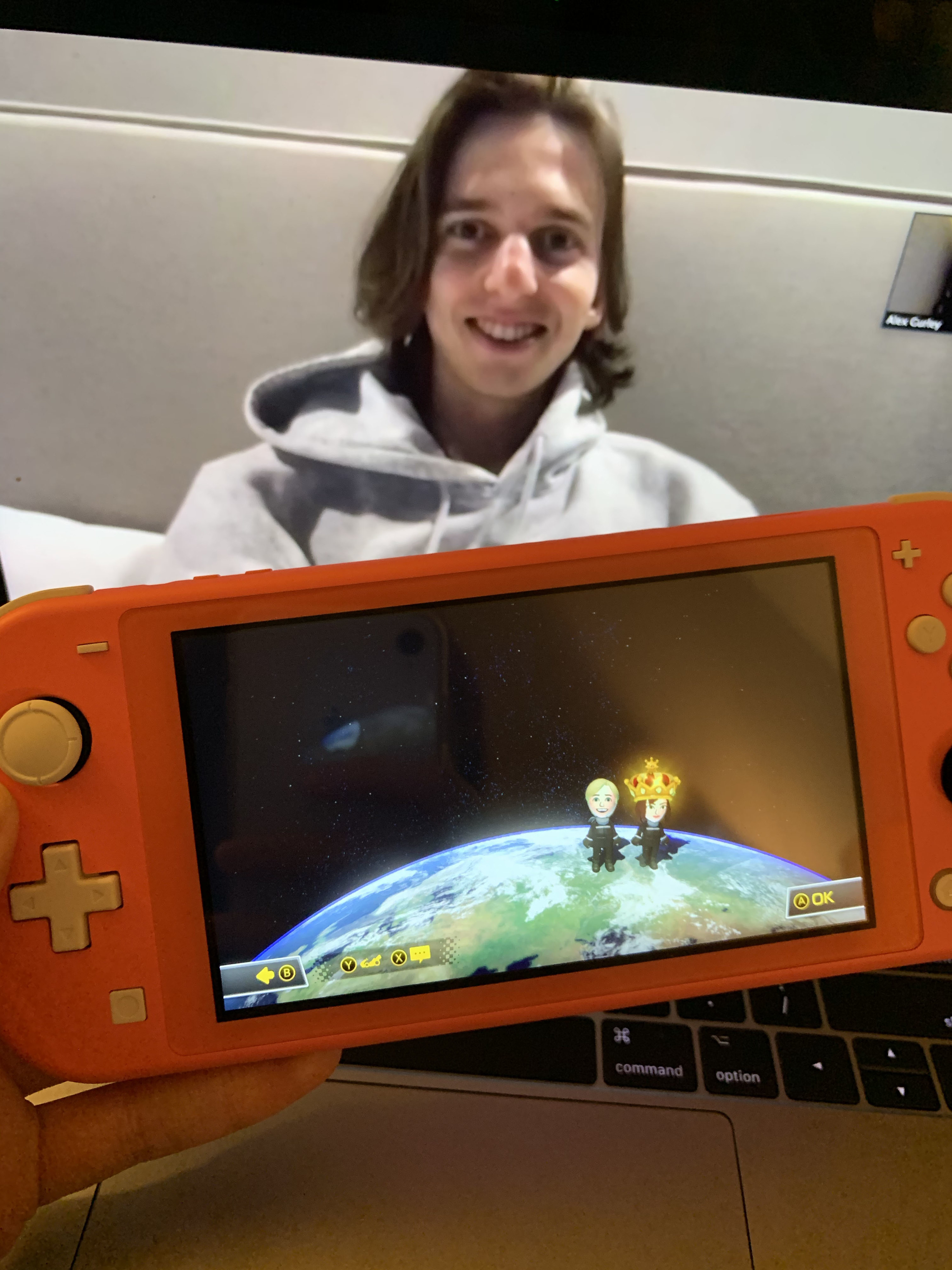 Stephen on FaceTime while playing Mario Kart on the Switch