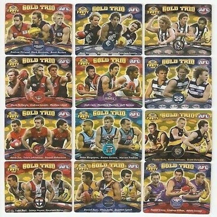 A collection of 12 collectable AFL Footy Tazo cards featuring a trio of players per card 