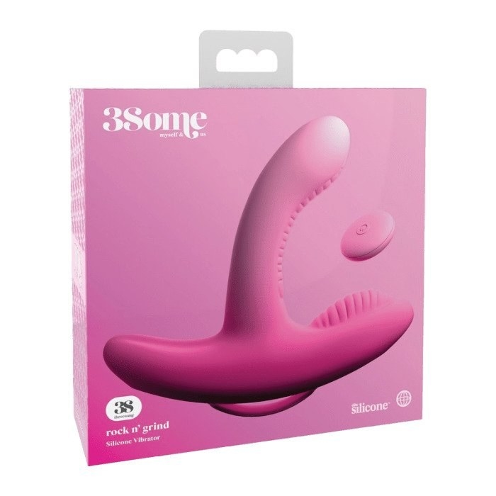 Penetrative toy with curved rocking base. It has a finger strap on top and comes with a small, round remote. 