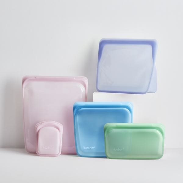 Five silicone food bags in different colors