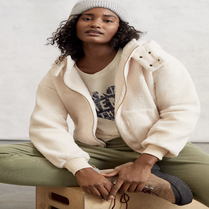 model wearing fleece jacket 