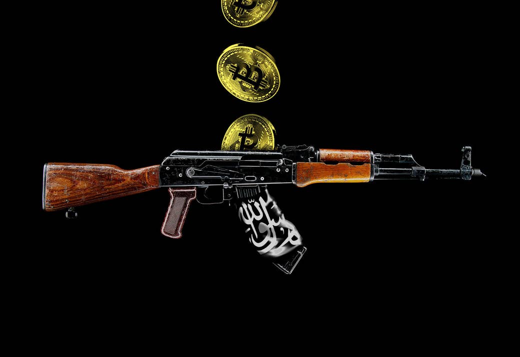 An illustration of bitcoins and an assault rifle with an ISIS flag wrapped around the magazine