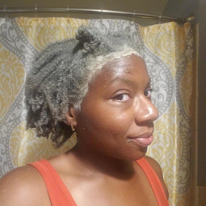 same reviewer showing their hair with the mask applied throughout