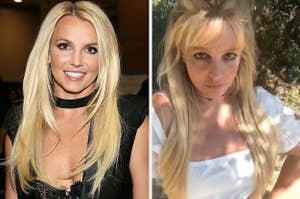Britney smiling at a press event next to a recent selfie 