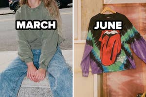 MARCH AND JUNE labels over a sweater and a band tee shirt