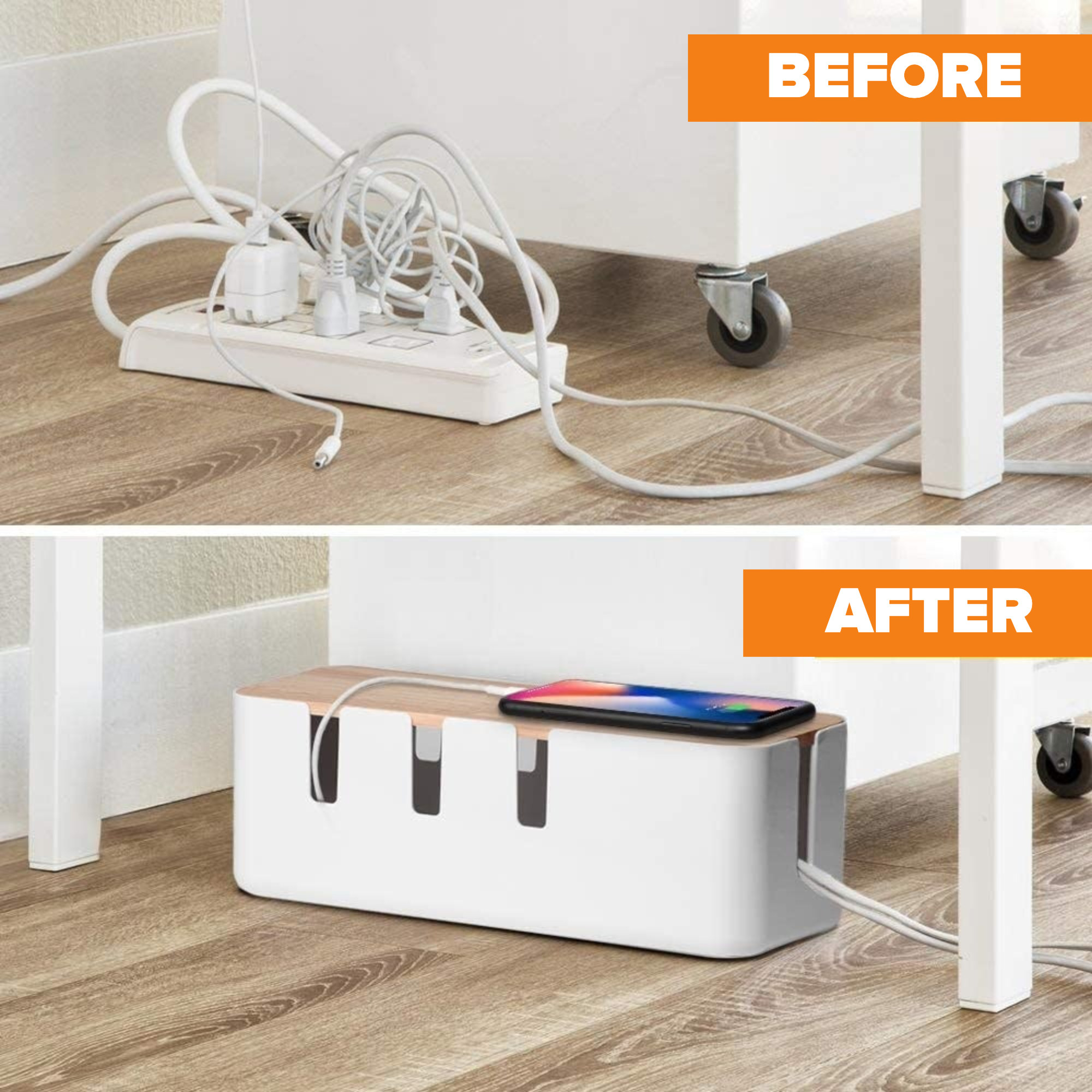 The before and after photos of an extension cord messily out in the open and then covered and organized inside of the cord box