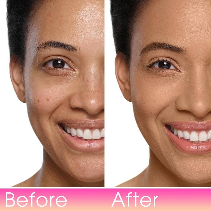 model before/after showing full coverage after applying foundation