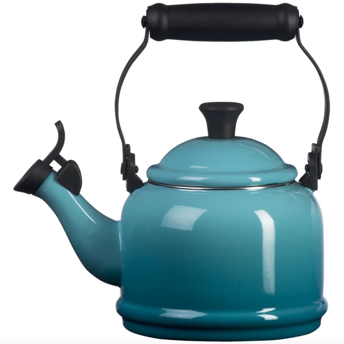 The Le Creuset enamel tea kettle in carribean