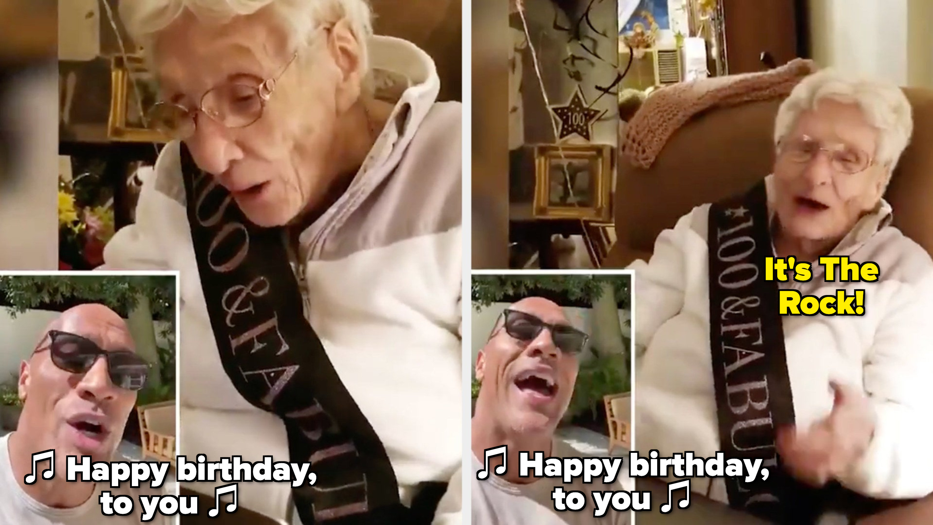 德维恩约翰逊唱“birthday"快乐;他100岁的粉丝