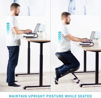 Model standing and model kneeling on the chair to demonstrate posture alignment in both pics 