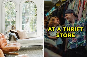 On the left, a sunny living room with arched windows, a chaise, and an armchair, and on the right, a couple smiling at each other in between the clothing racks labeled "at a thrift store"