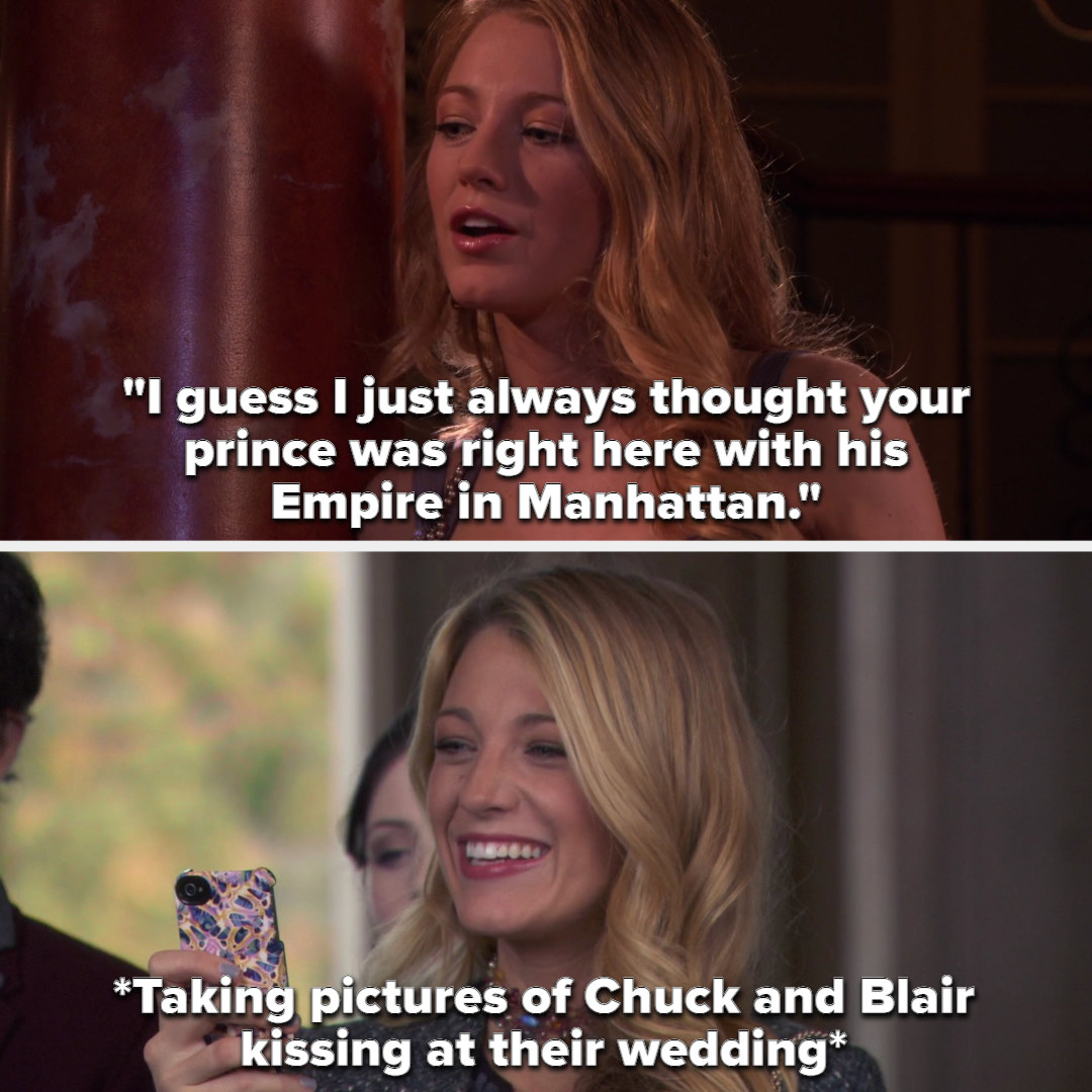 Serena tells Blair she always thought her prince was right there with his Empire in Manhattan, and then takes pictures of them kissing at their wedding