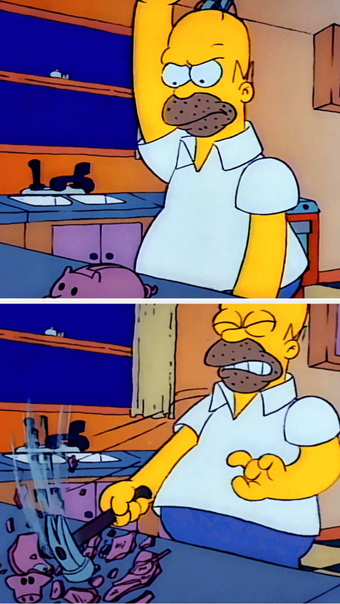 Homer smashing a piggy bank with a hammer on The SImpsons