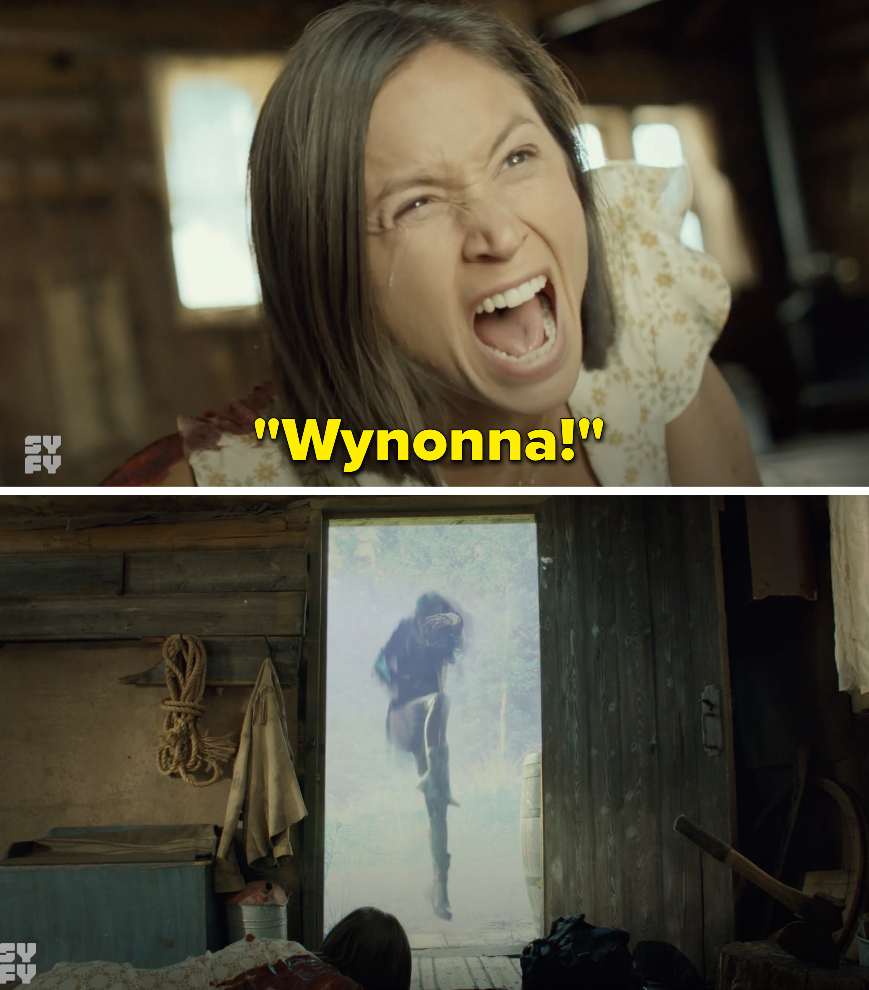 Waverly screaming, &quot;Wynonna&quot; and Wynonna flying out a door