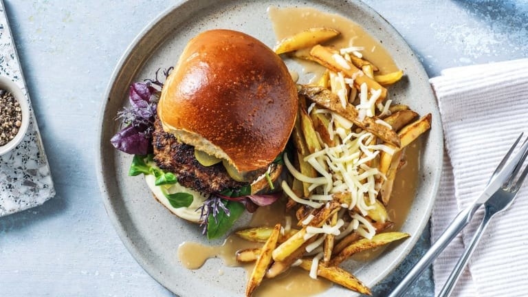 Burger and yukon gold fries